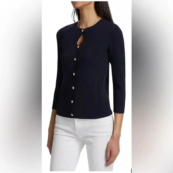 Elie Tahari The Mara Keyhole Button Up Cardigan, Black, Gold Buttons, NWT - Picture 2 of 8